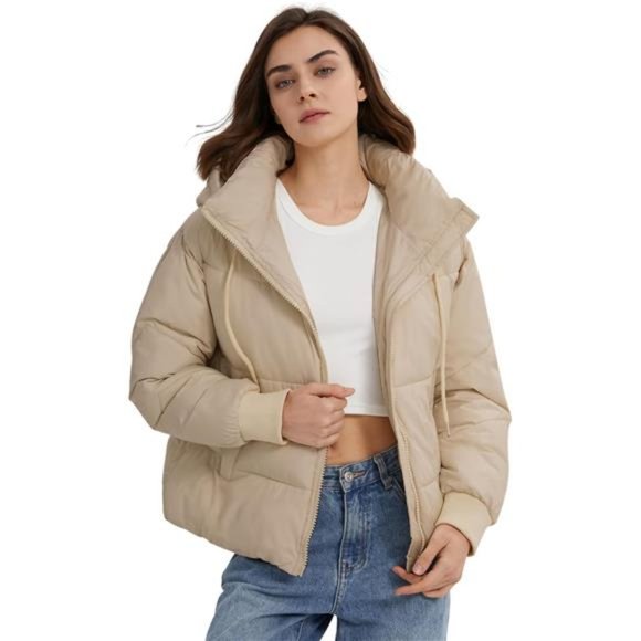 Women's Crop Hooded Puffer Jacket Zip Up Winter Quilted Warm Short Jacket Khaki